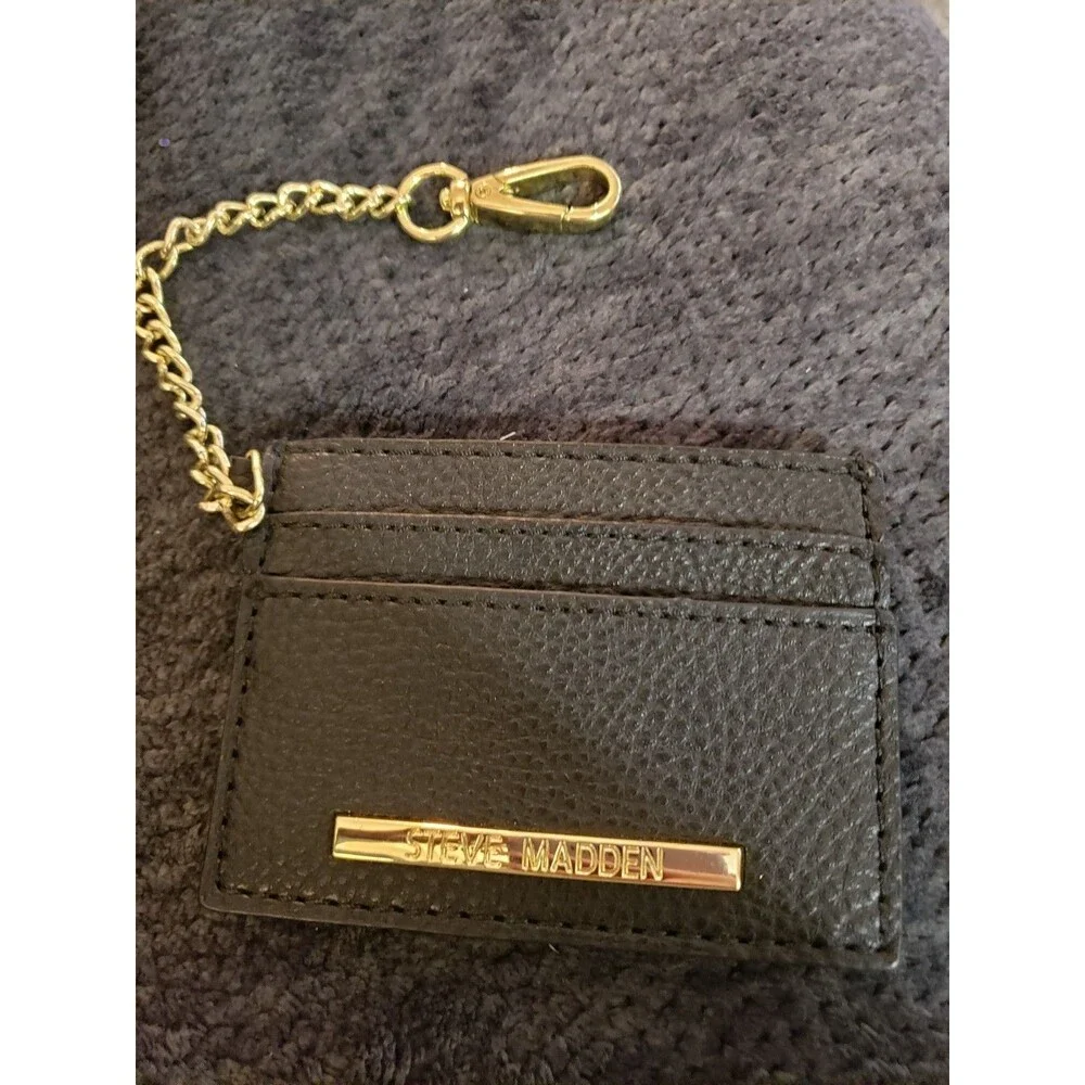 STEVE MADDEN Black Card Holder Gold Tone Hardware Bag Keychain Hang Tag